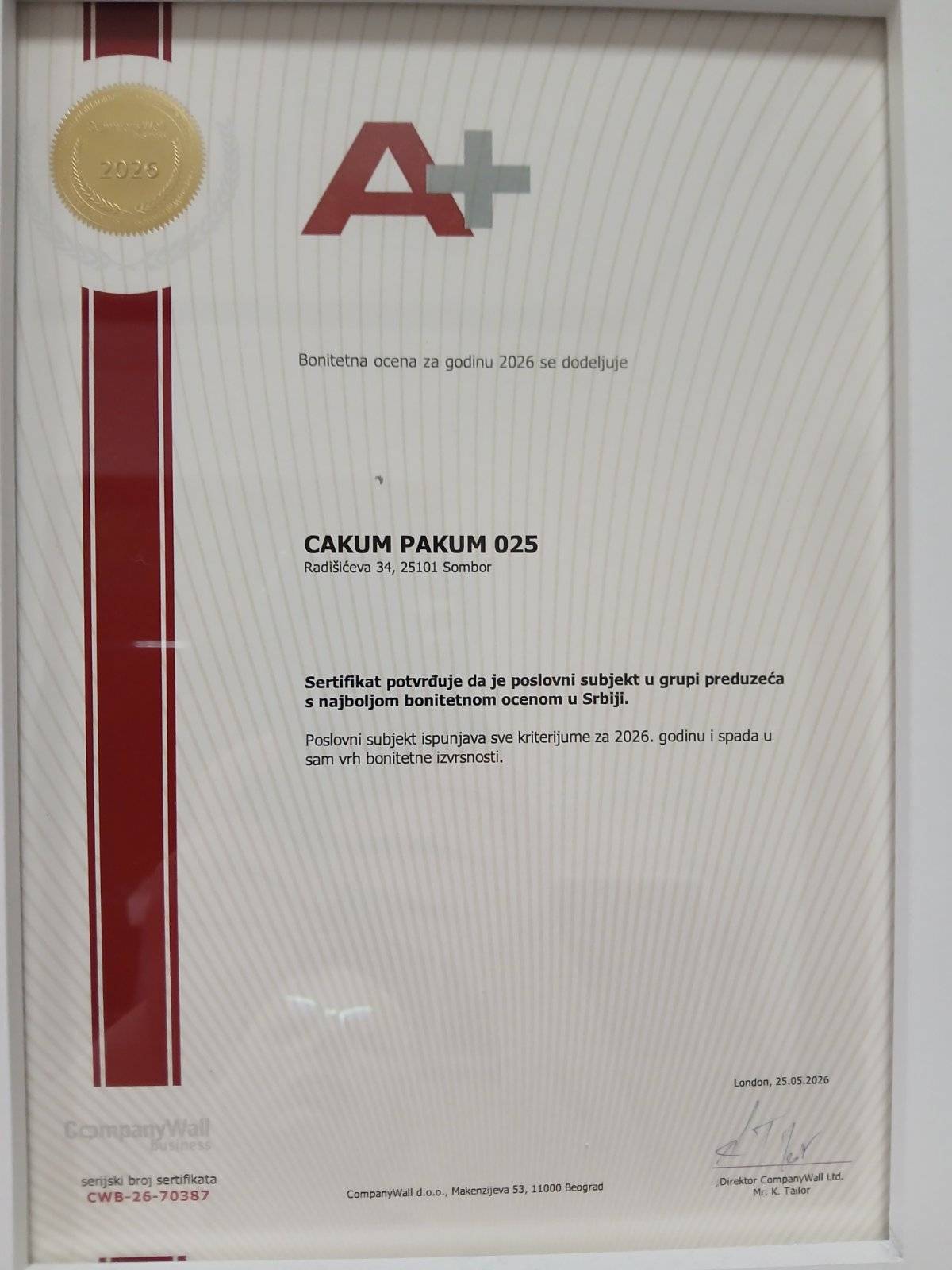 Sertifikat A+ bonitetne ocene za 2026. godinu — Cakum Pakum, CompanyWall Business
